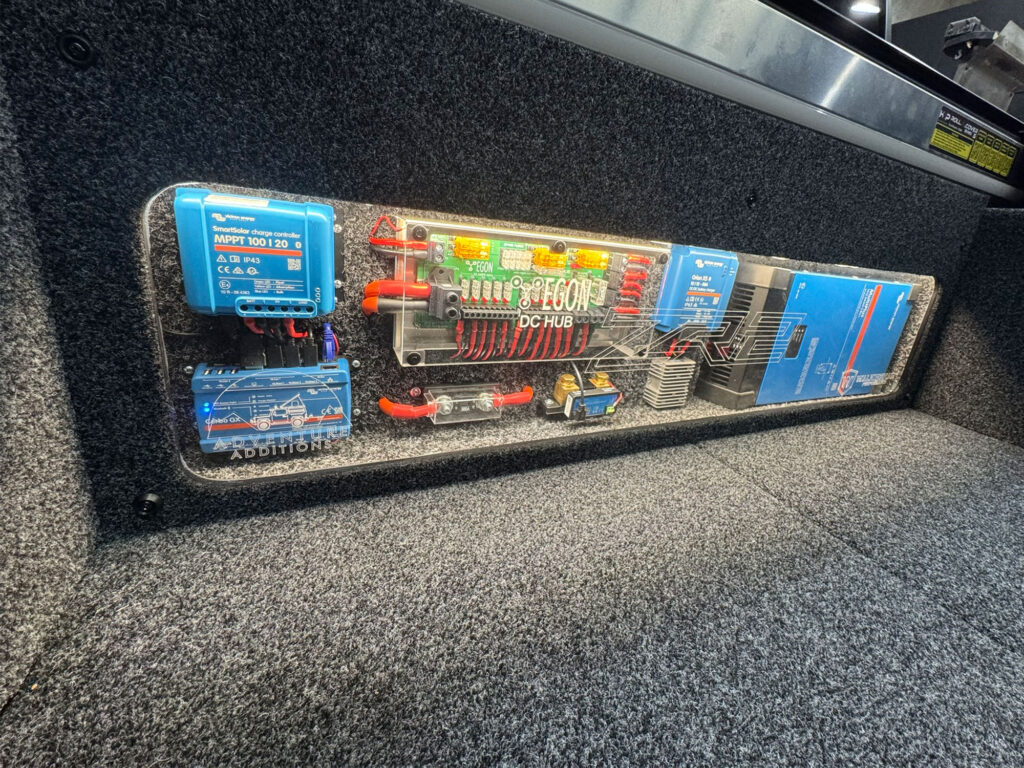 Illuminated display showcasing premium Victron and Egon 12V components