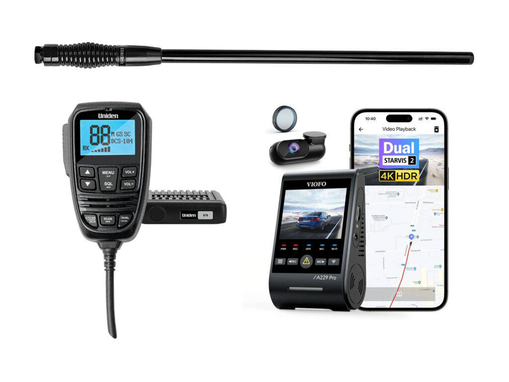 Uniden X76 UHF radio, Uniden ATS450 UHF antenna, Front and rear Dashcams