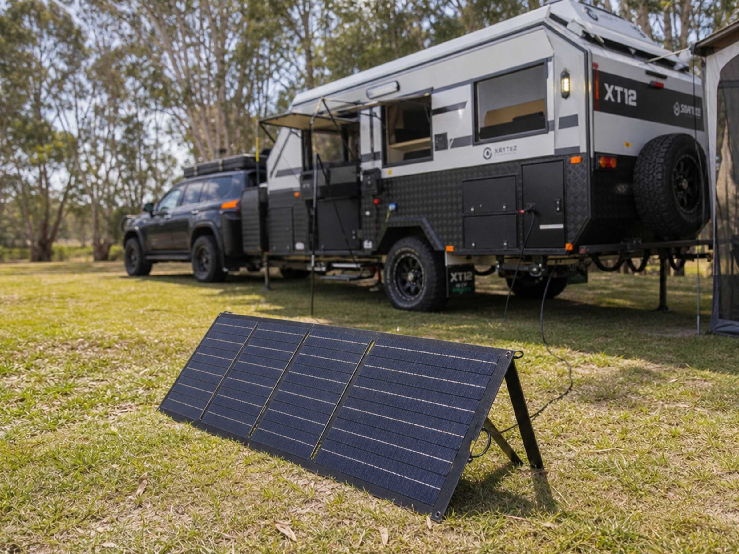 Portable panel setups, for campsites where the vehicle is shaded