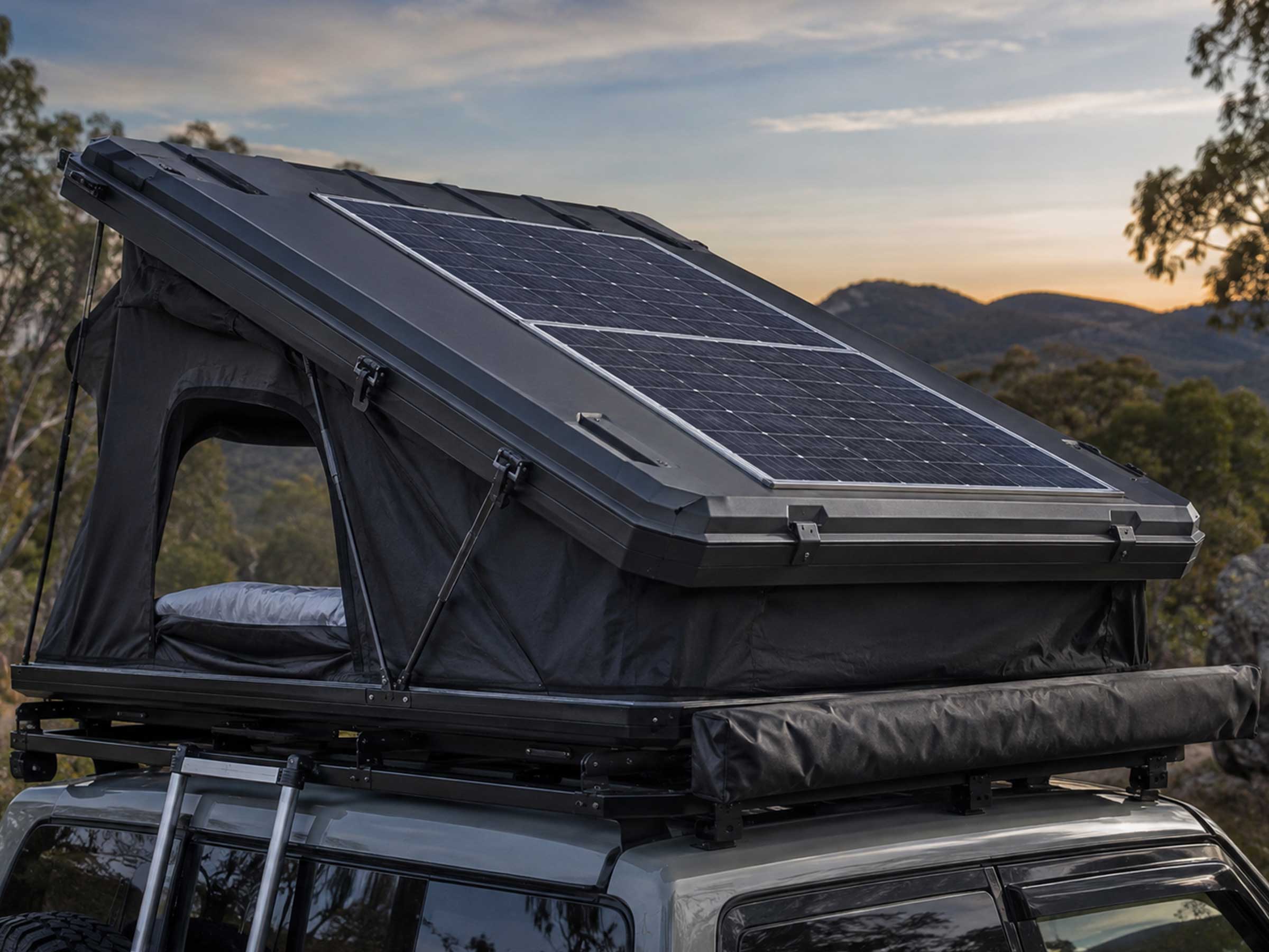 Rooftop tent shells, combining shelter and charging in one fitting